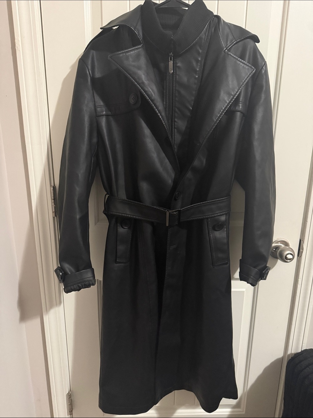 Men’s Black Faux Leather Trench Coat with Belt